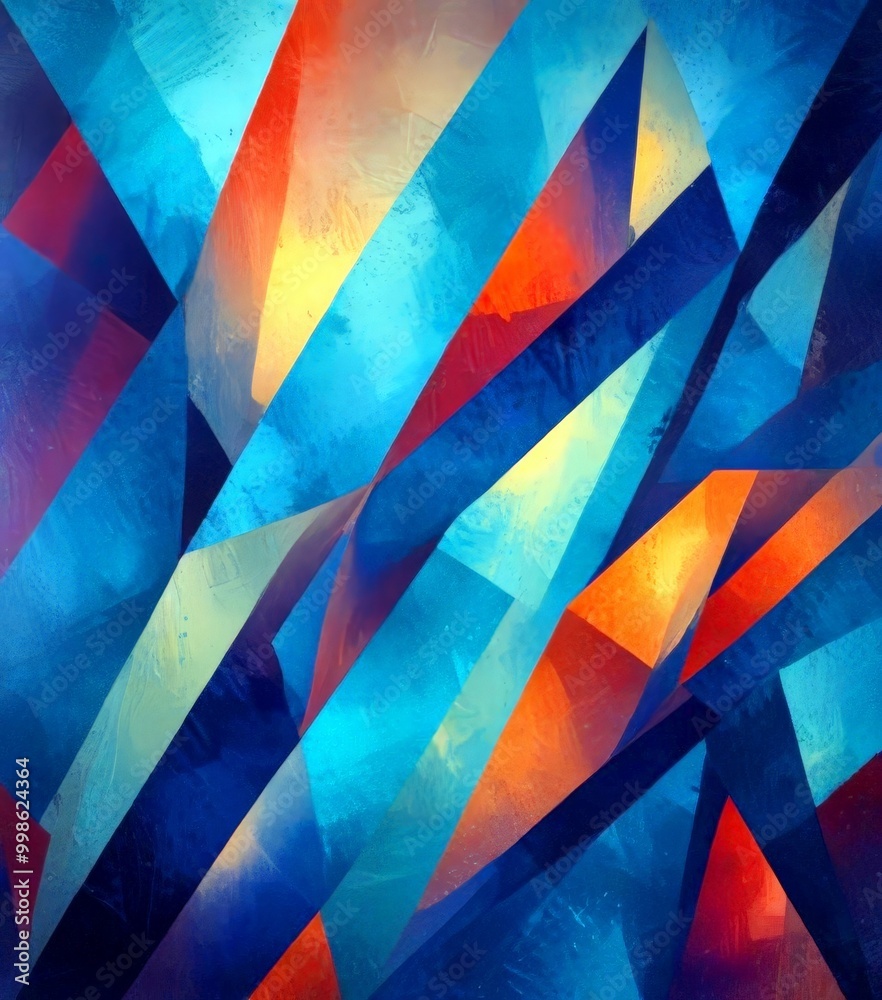 Aufkleber a digital art piece featuring a vibrant abstract composition of intersecting lines and shapes in various shades of blue, orange, and red