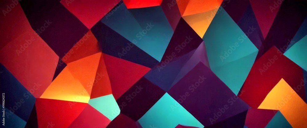 Aufkleber a vibrant abstract composition of overlapping triangles in various shades of red, orange, yellow, green, blue, and purple, creating a dynamic and visually striking pattern