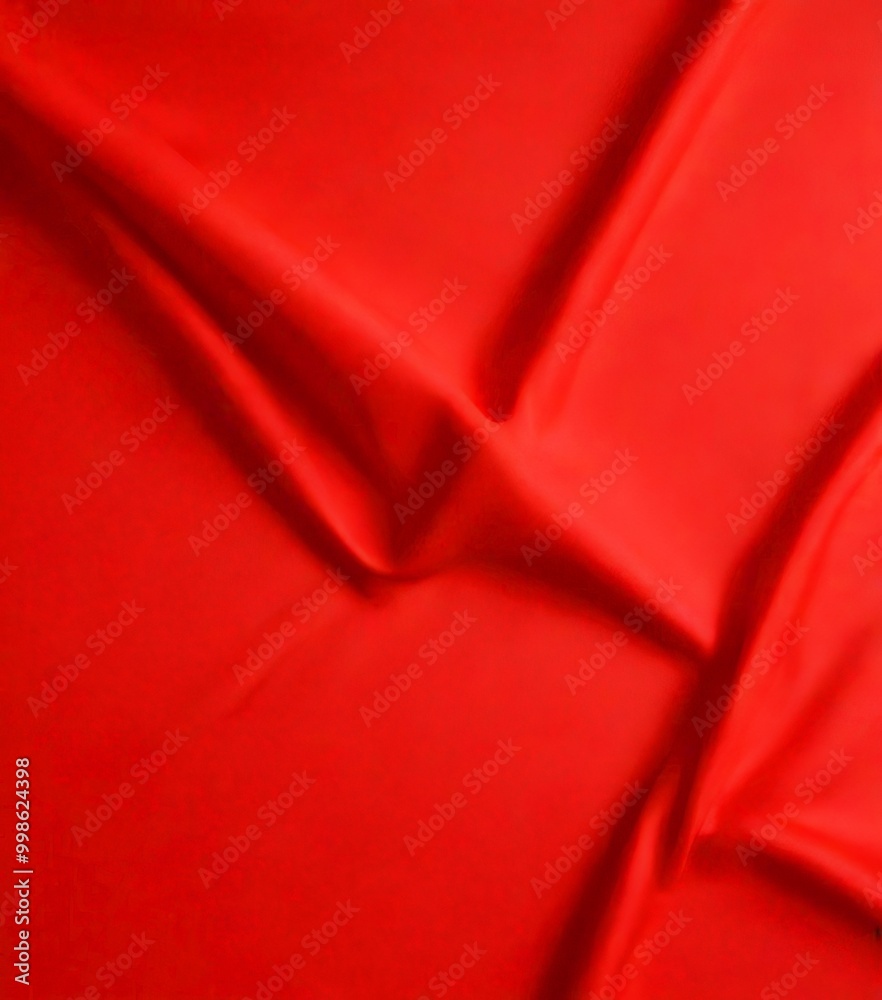 Poster a close-up view red fabric, with the fabric appearing to be crumpled and folded, creating a textured and dynamic appearance