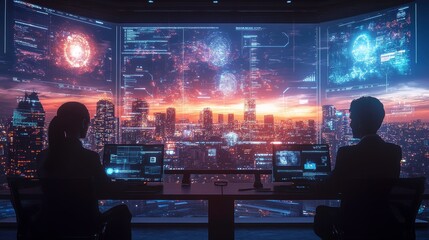 Fototapeta premium A virtual office setting with a floating digital interface that overlays a futuristic landscape, as remote team members engage in a video call, utilizing advanced communication technology to enhance
