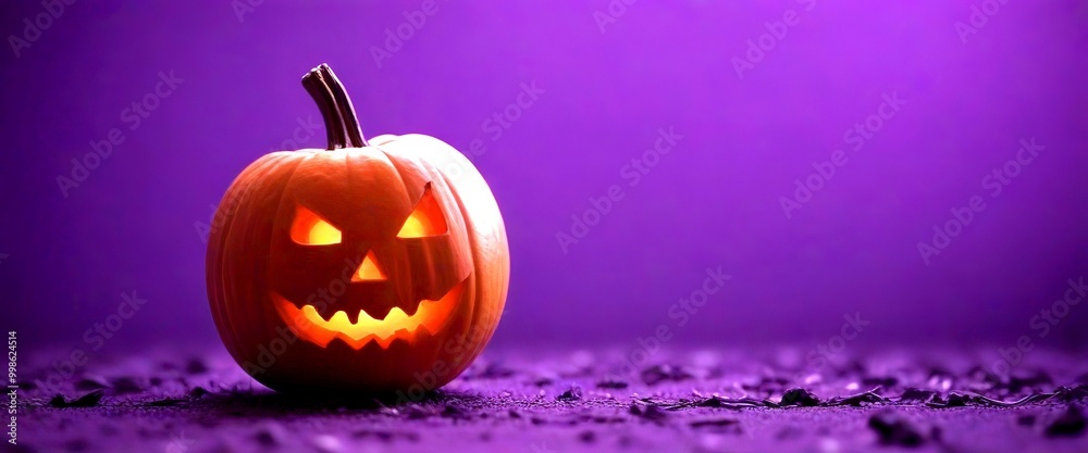 Poster a carved pumpkin with a smiling jack-o'-lantern face sits on a purple surface, illuminated by a warm