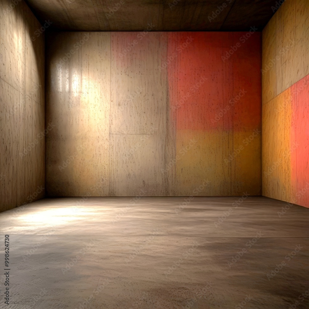 Poster An empty room with a concrete floor and walls, featuring a large window on the left side
