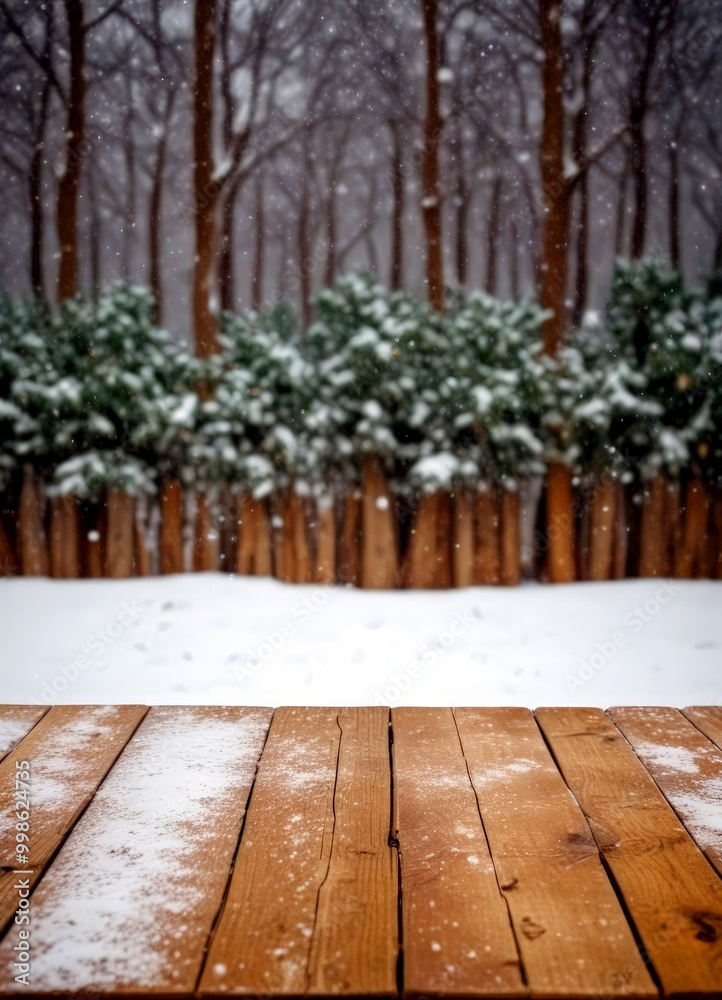 Poster a snowy winter scene with a wooden deck in the foreground and a forest of snow-covered trees in the 