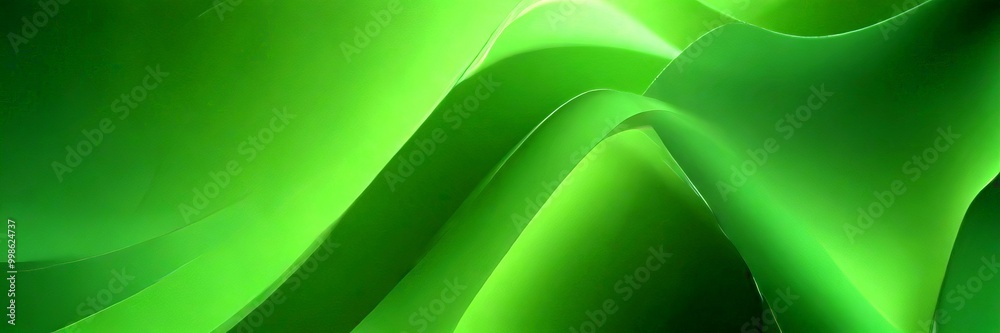 Poster a close-up view of abstract green shapes, with curved lines and a gradient effect, creating a sense of movement and fluidity