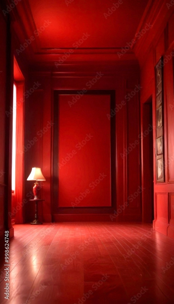 Poster a dimly lit room with red walls and a wooden floor, featuring a large red painting on the wall and a