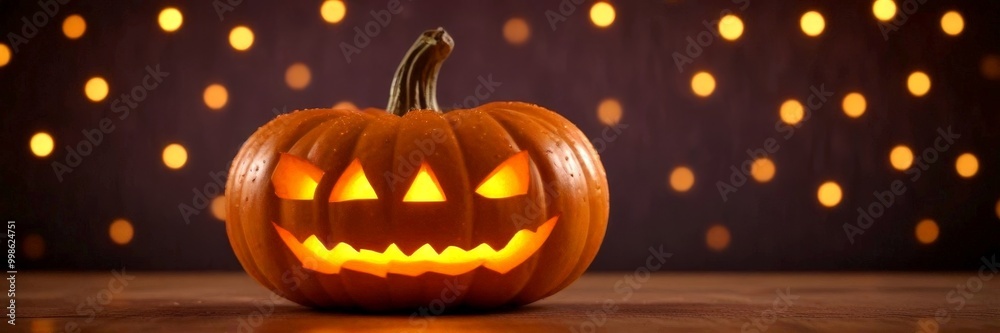 Poster a carved pumpkin with a jack-o'-lantern face sits on a wooden surface, illuminated by a warm glow, w