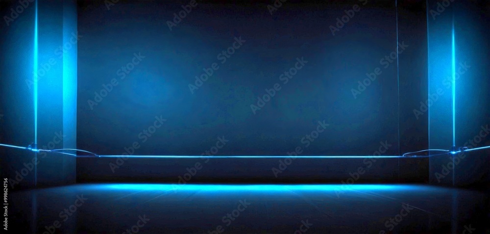 Poster a dark room with a long, thin blue line running across the center, creating a sense of depth and perspective The room is devoid of any objects or