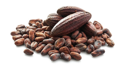 Naklejka premium Cocoa Fruit Arrangement: An artful arrangement of cocoa pods, carefully placed to create visual interest. The soft shadows cast by the pods add depth, while the white background ensures versatility. 