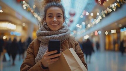 A woman is smiling and holding a cell phone while walking in a mall