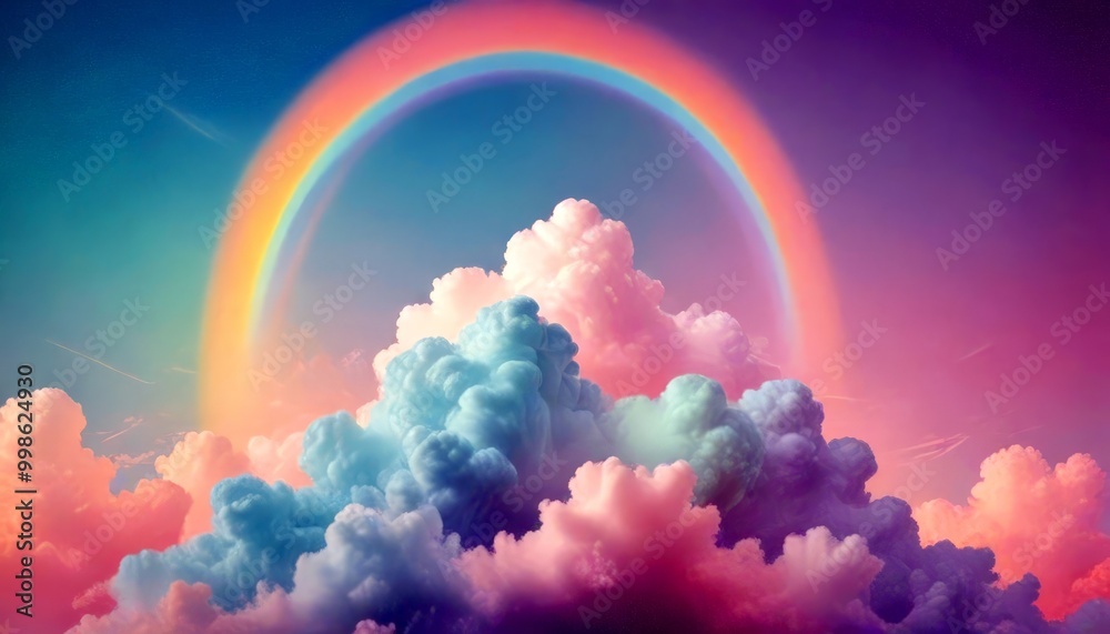 Poster a vibrant rainbow arches across the sky, its colors reflected in the fluffy clouds below the sky tra