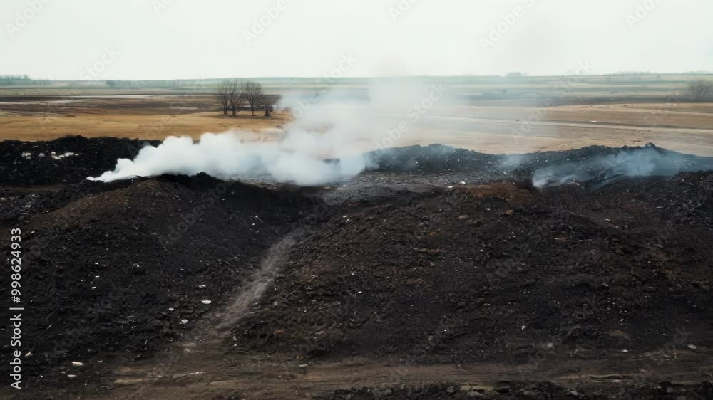 Poster peat piled up in a field with smoke billowing out, creating an environmental disaster and raising co
