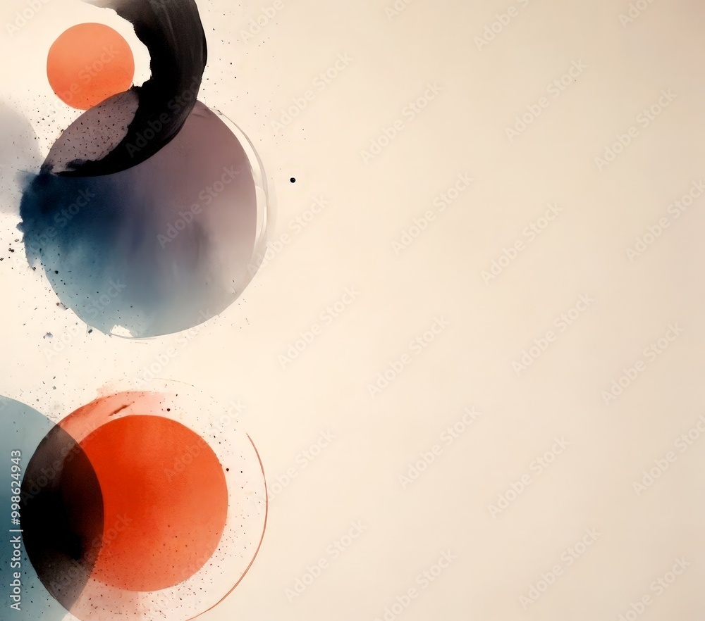 Poster abstract art: a series of overlapping circles in various shades of blue, orange, and black, with spl