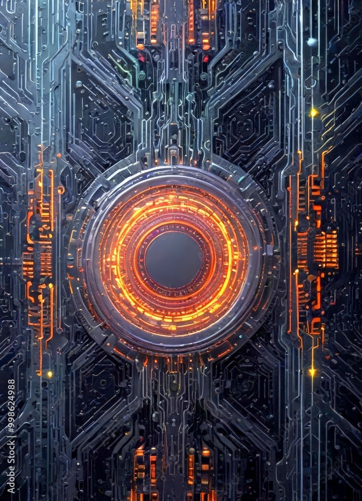 Poster a futuristic, cyberpunk-inspired design with a central circular element surrounded by a complex network of lines and patterns in shades of black, orange, and yellow