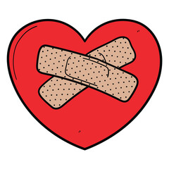 Hand drawn cartoon red heart with plasters tape on white background.
