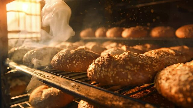 Whole grain bread in oven at bakery	