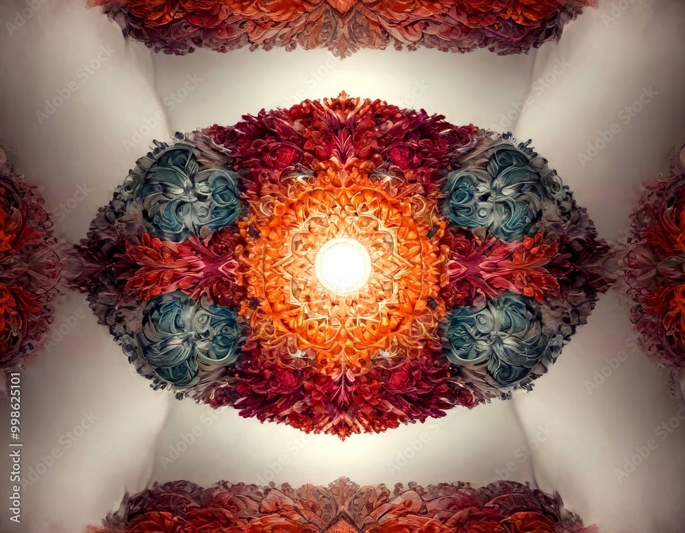 Poster a symmetrical, kaleidoscopic pattern of intricate floral designs in shades of orange, red, and blue,
