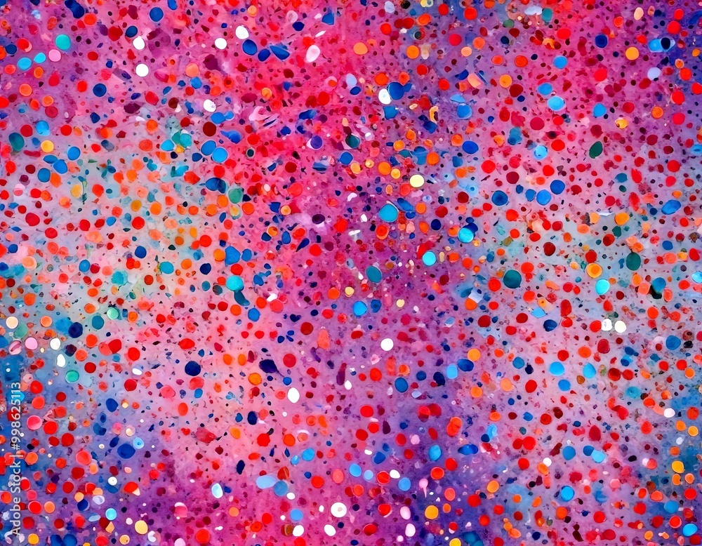 Poster an abstract painting featuring a vibrant background of multicolored dots in various sizes and shapes, creating a dynamic and visually captivating composition