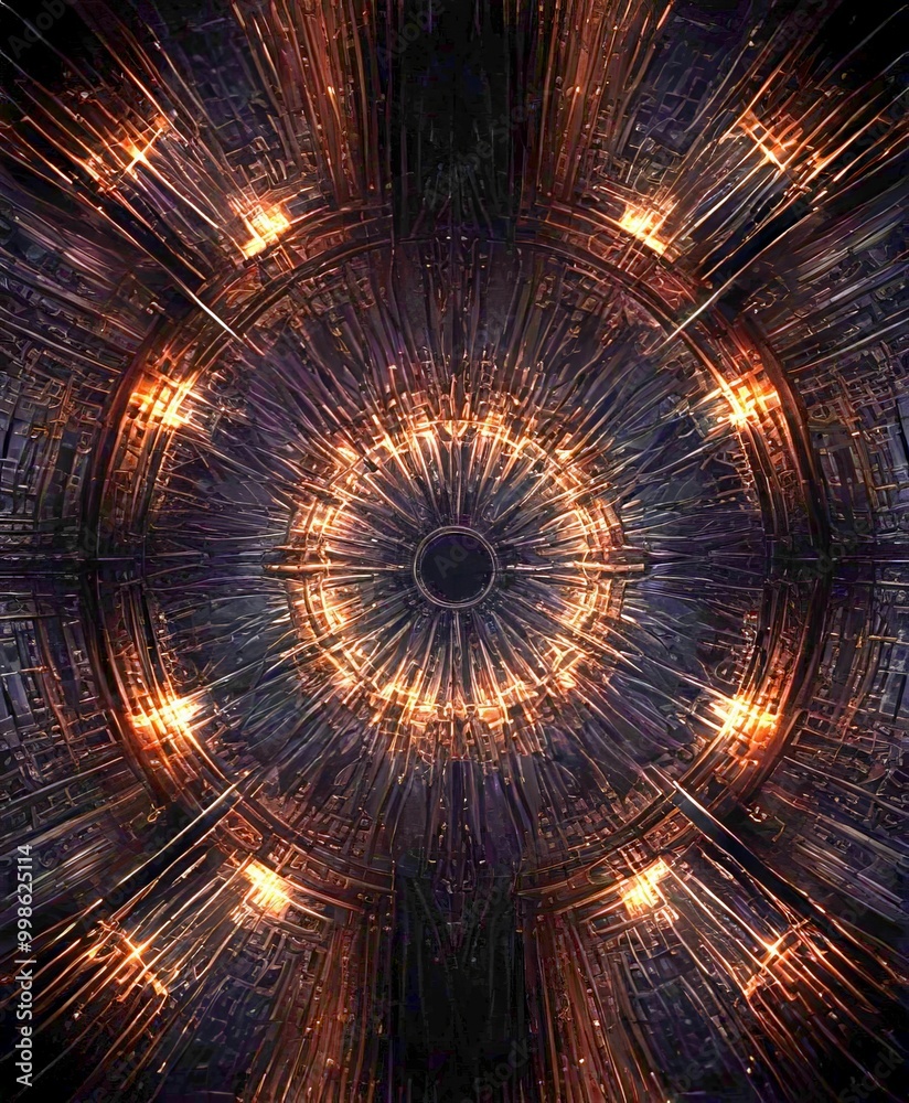 Fototapete a symmetrical, radial pattern of dark and light brown lines and shapes, creating a sense of depth and complexity The central focus is a dark circle surrounded by a
