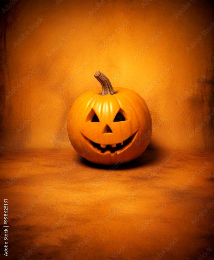 Poster a carved jack-o'-lantern with a smiling face sits on a textured orange surface against a warm, textu
