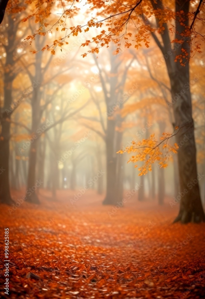 Poster a serene autumn scene unfolds in a forest, with a path lined with orange leaves and a foggy atmosphe