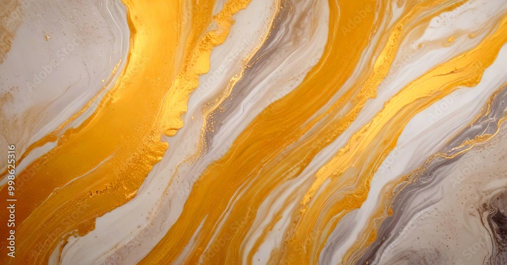 Poster a close-up view marble-like surface with a swirling pattern of gold and white paint, creating a sense of movement and depth