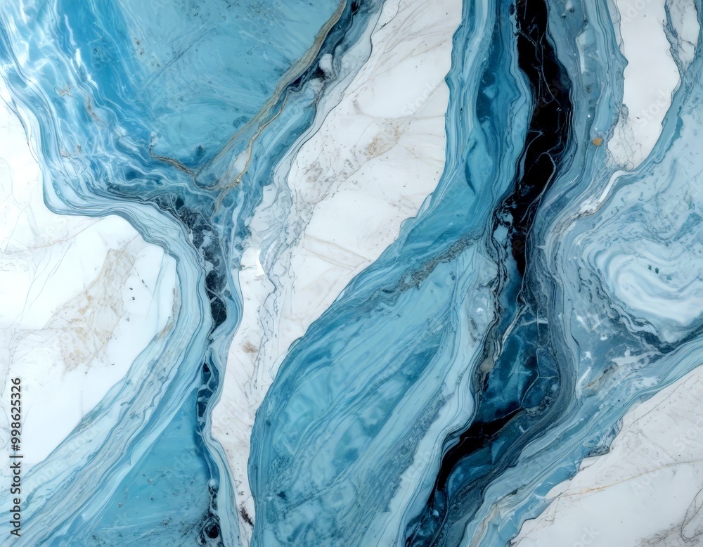 Poster a close-up view marble surface with a swirling pattern of blue and white hues, creating a sense of movement and fluidity