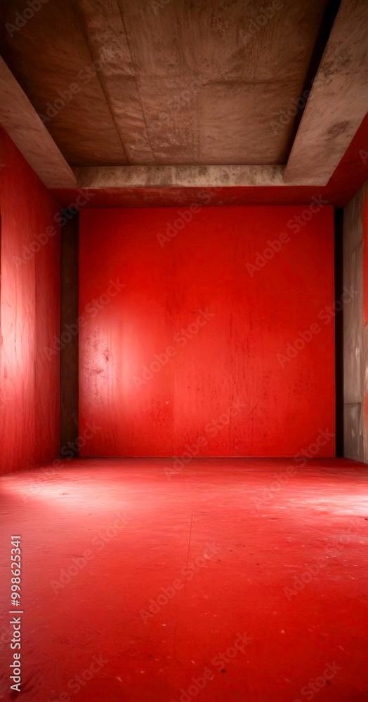 Poster a large, empty room with a red wall and a concrete ceiling The floor is made red material, and there is a single light source on the left side of the , casting a