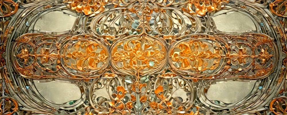 Poster a close-up view of an ornate, intricate metalwork design The design features a repeating pattern of circular shapes, each adorned with a floral motif The metalwork is a blend