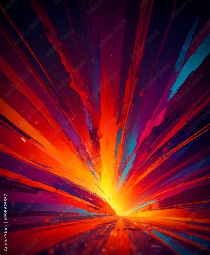 Poster a vibrant abstract composition featuring a dynamic explosion of colors and lines, with a central burst of orange and yellow radiating outwards in a radial pattern