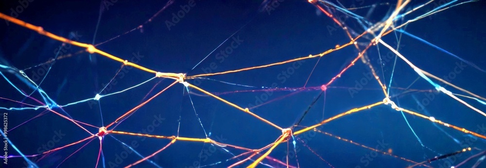Poster a close-up view spider web, with its intricate network of thin, interconnected strands in various colors including orange, blue, and purple