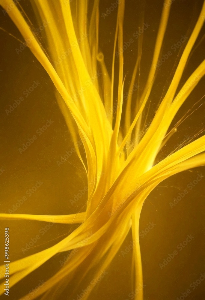 Poster a close-up view vibrant yellow liquid, possibly a sauce or syrup, with a dark brown background the l