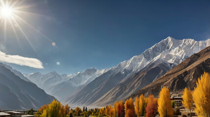 Fall season, autumn season, Gilgit, Pakistan in autumn, showcasing vibrant golden, red, and orange foliage blanketing the valley.