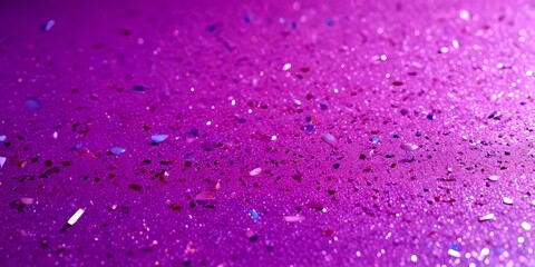 A close-up view purple surface with small, irregularly shaped, multicolored pieces scattered across it, creating a textured and abstract pattern