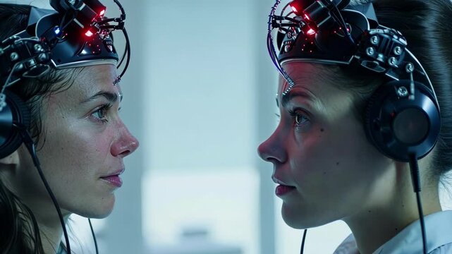Two scientists wearing brain computer interfaces and headphones are facing each other in a tech laboratory, concentrating on a scientific experiment