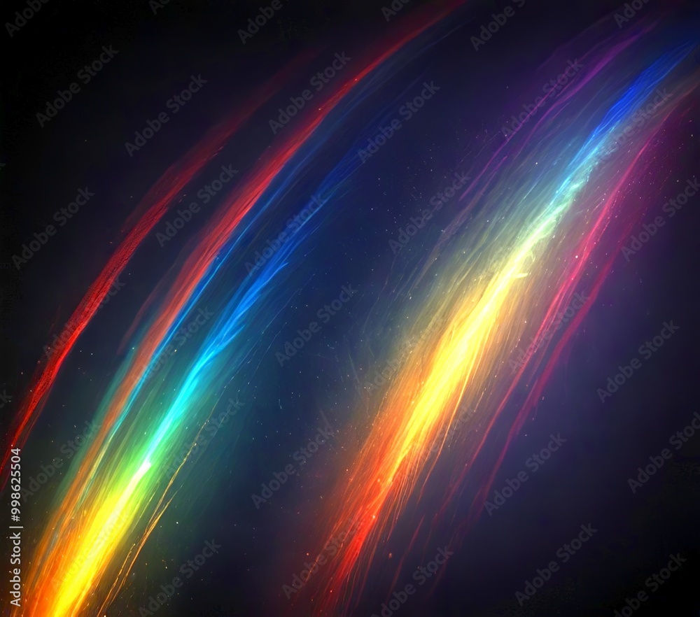 Poster a vibrant rainbow-like pattern with a dark background, creating a striking visual effect