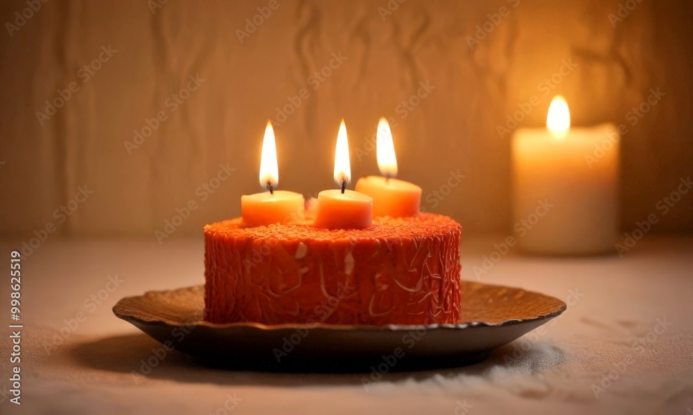 Poster a red cake with three lit candles sits on a dark plate, with a blurred background of additional cand
