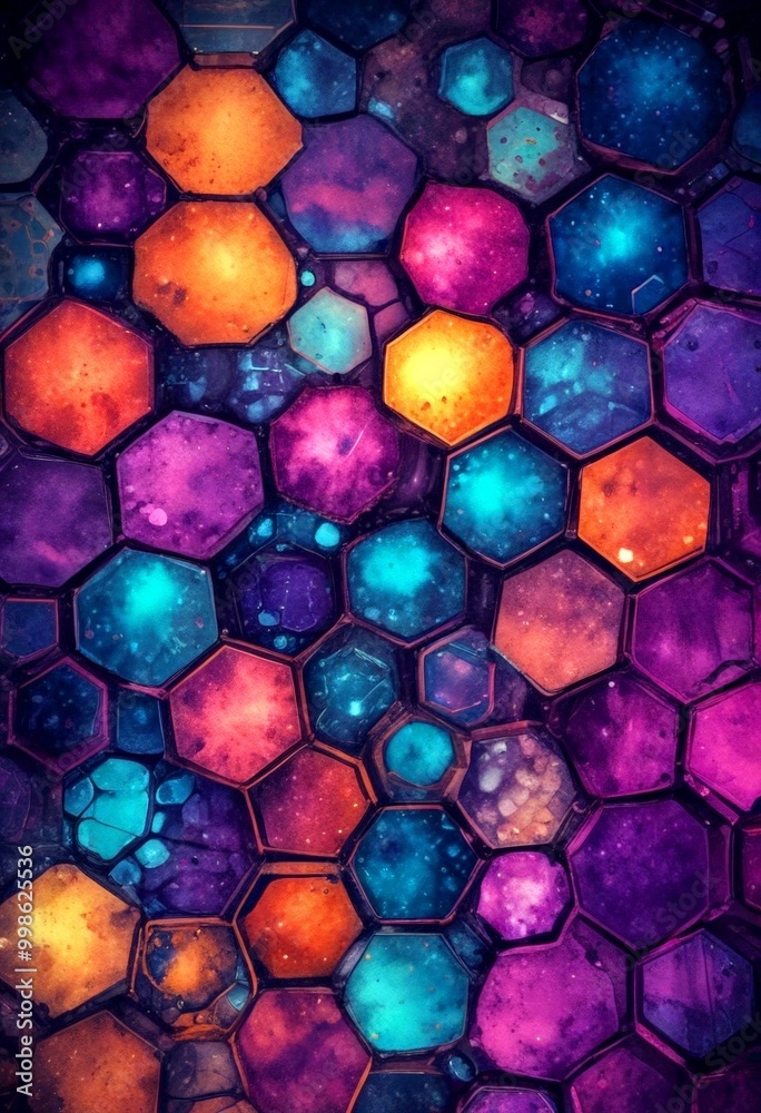 Poster a vibrant and abstract pattern of hexagonal shapes in various shades of orange, purple, blue, and green, creating a visually striking and dynamic composition