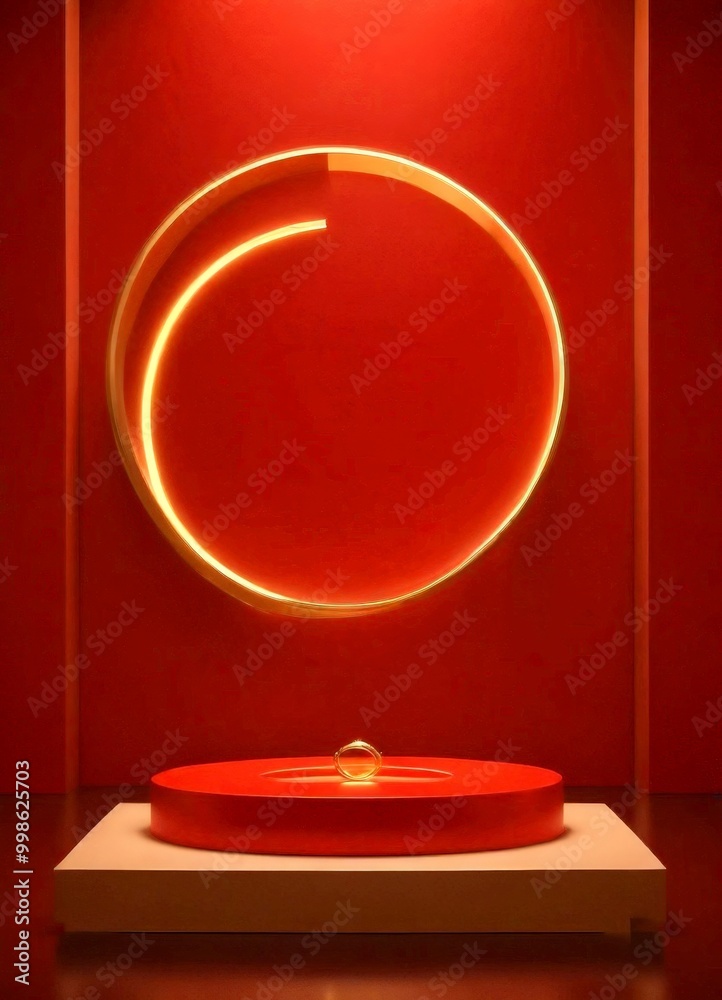 Aufkleber a red circular platform with a gold ring on top, set against a red wall with a circular light fixtur