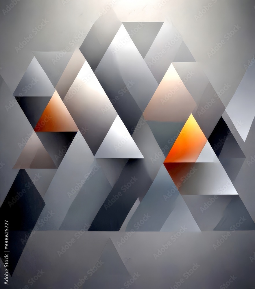 Fototapete a geometric pattern composed of overlapping triangles in various shades of gray, white, and orange, 
