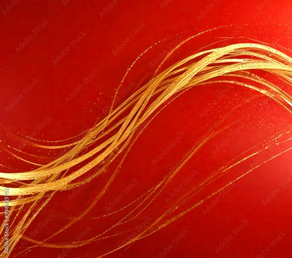 Poster a striking abstract composition of golden strands or lines against a deep red background, creating a sense of movement and dynamism