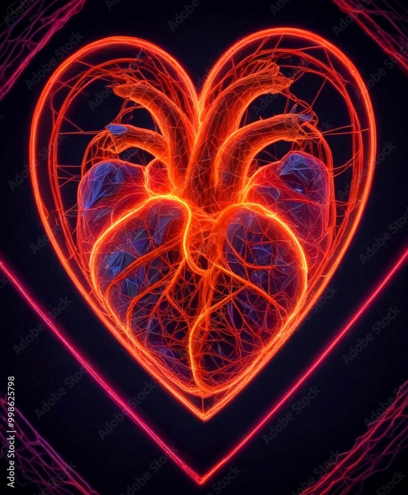 Poster a heart, in a vibrant orange and purple color scheme, with intricate network-like patterns and lines surrounding it