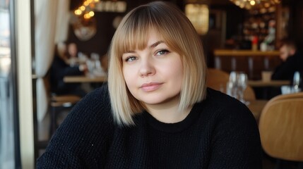 Obraz premium A serene moment in a cozy café during the afternoon, capturing a woman with stylish hair and a thoughtful expression. Generative AI