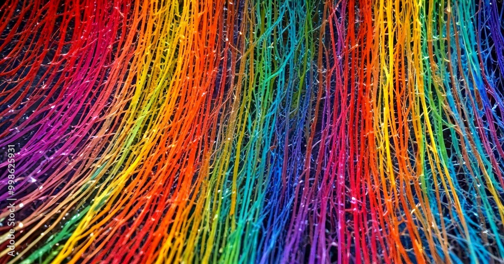 Fototapete a close-up view vibrant, abstract pattern composed of numerous thin, colorful strands of yarn or thr