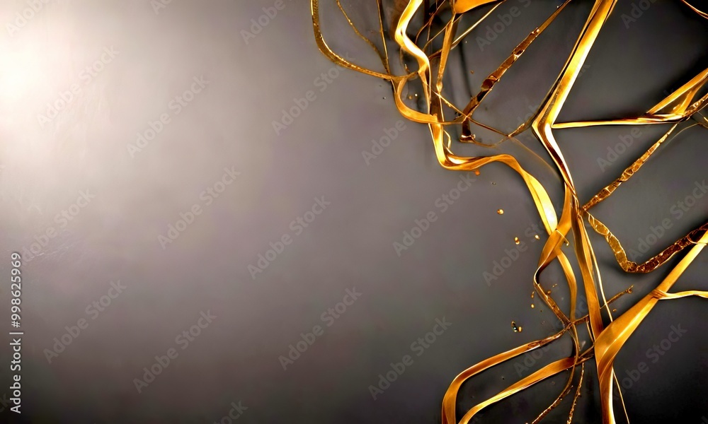 Poster a dark gray background with a striking abstract design composed of golden, wavy lines and shapes, creating a sense of movement and dynamism