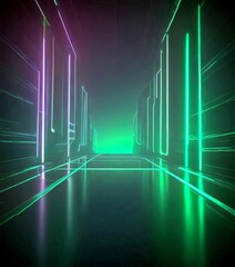 A futuristic cityscape with neon-colored buildings and a reflective, neon-lit street