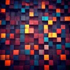 a pattern composed of numerous small cubes in various colors, including shades of orange, blue, and green, arranged in a grid-like pattern