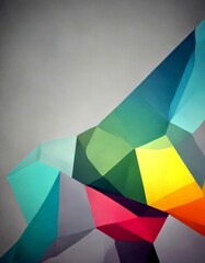 a geometric abstract composition with overlapping triangular shapes in various shades of green, blue, pink, and yellow, set against a gray background