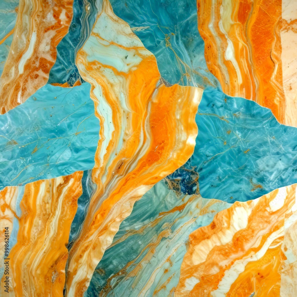 Poster a close-up view marble surface with a striking pattern of orange, blue, and white marble the marble 