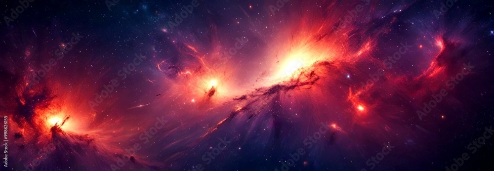 Poster a vibrant cosmic scene, featuring a swirling nebula with a bright center and a multitude of smaller 