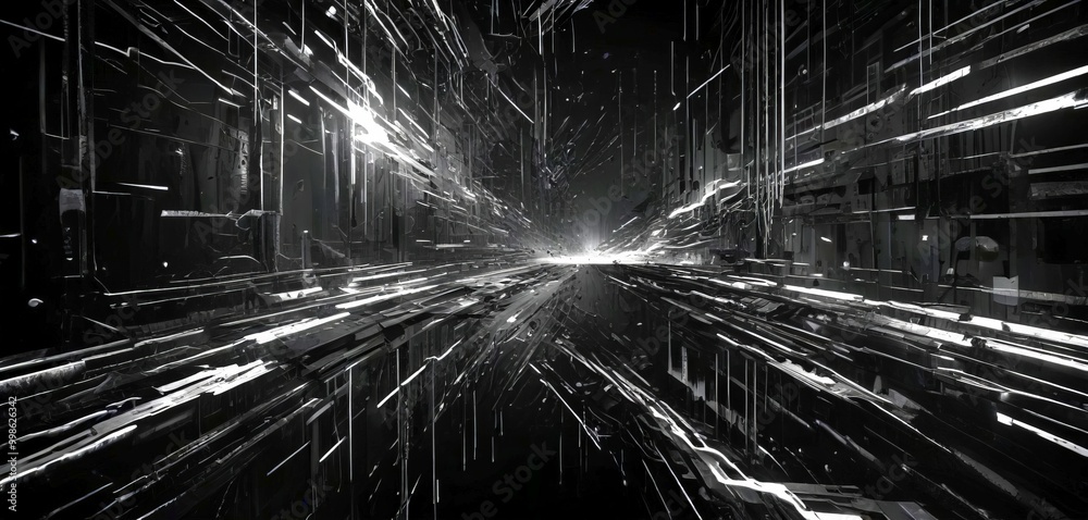 Poster a futuristic, black and white scene with a long, narrow corridor stretching into the distance, illum